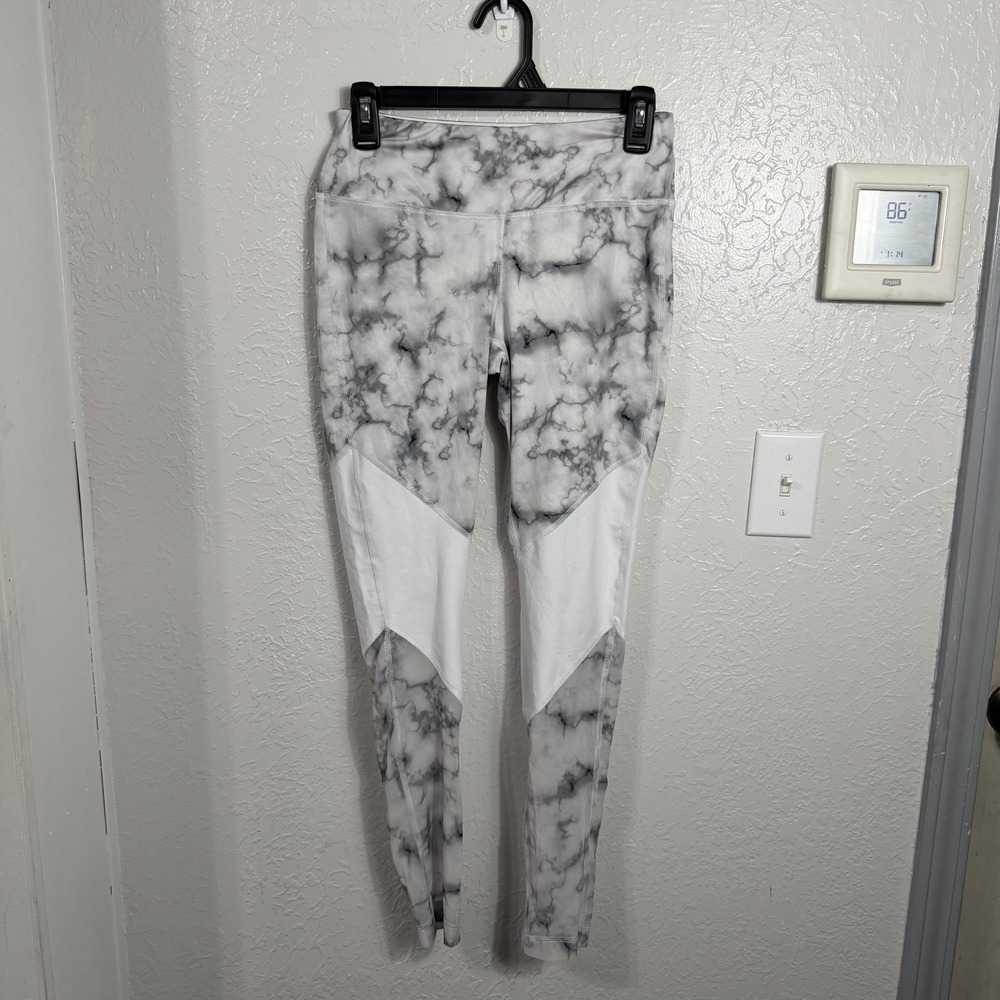 90 Degree by Reflex Womens Marble Print Mesh Panel Leggings White Grey Small